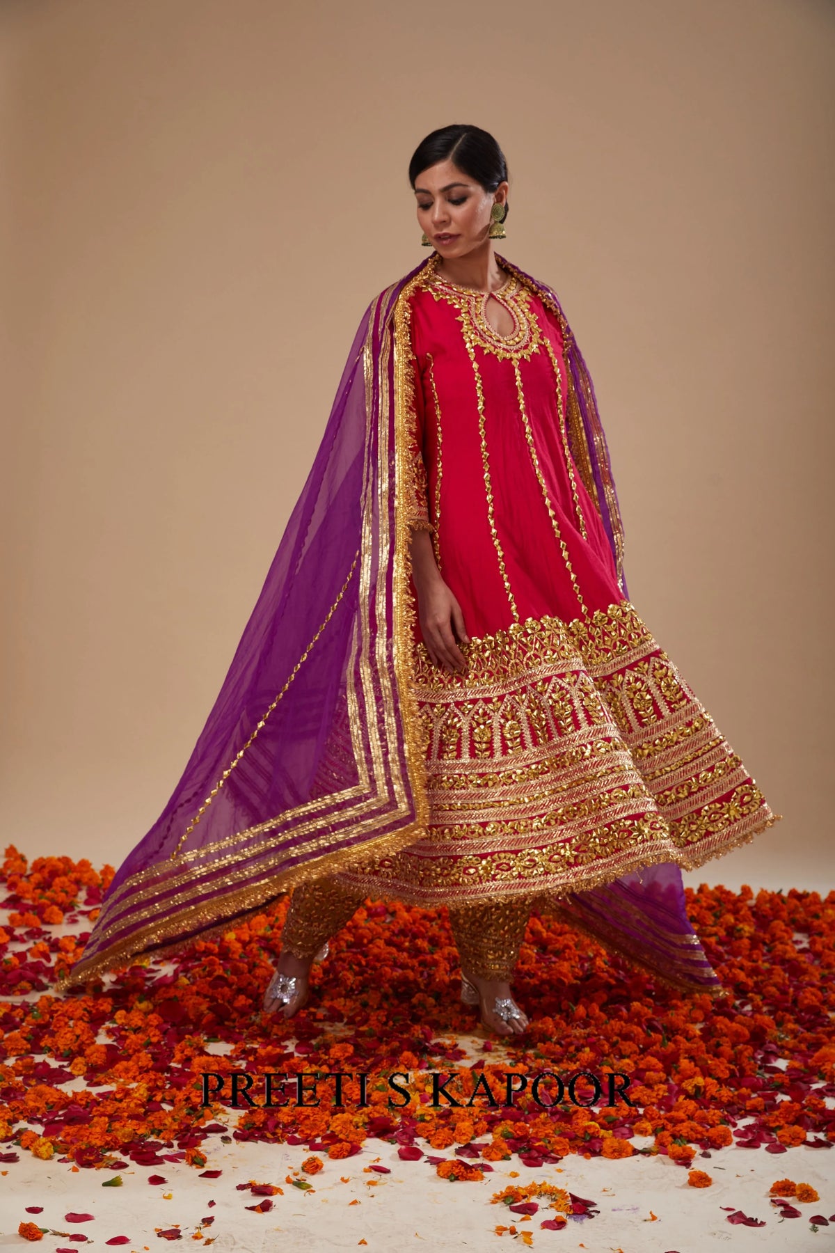 Fuchsia Long Anarkali Lime Yellow Salwar with Purple Dupatta - Preeti S Kapoor