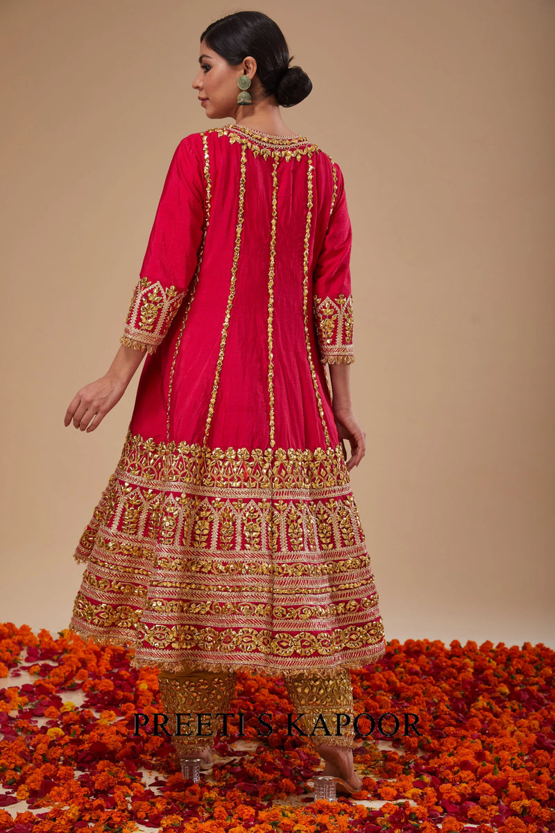 Fuchsia Long Anarkali Lime Yellow Salwar with Purple Dupatta - Preeti S Kapoor