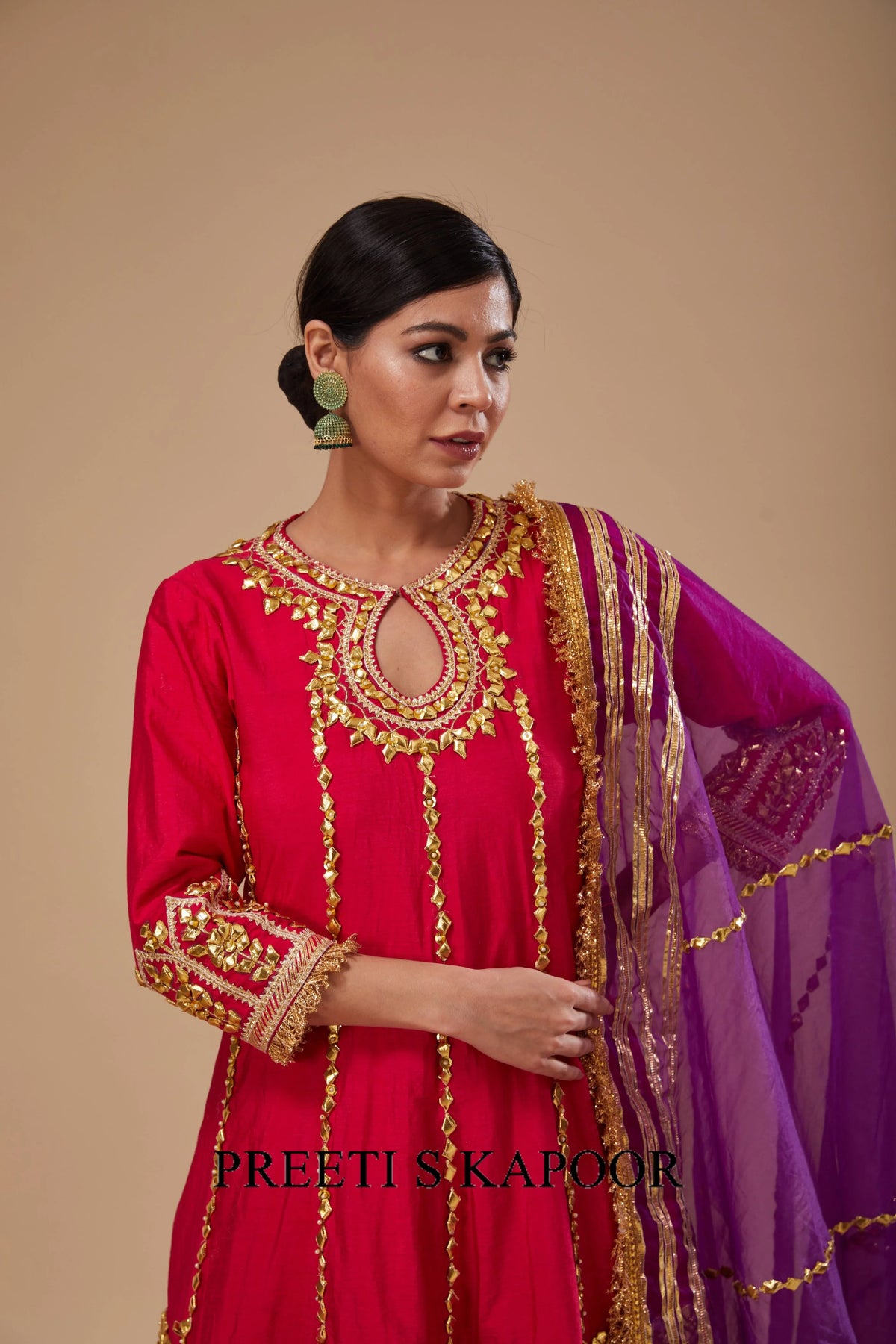 Fuchsia Long Anarkali Lime Yellow Salwar with Purple Dupatta - Preeti S Kapoor