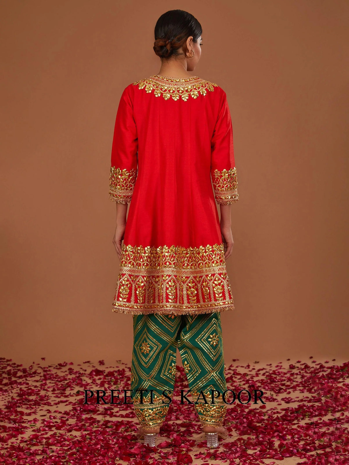 RED SHORT ANARKALI WITH GREEN SALWAR AND GREEN DUPATTA  - PREETI S KAPOOR