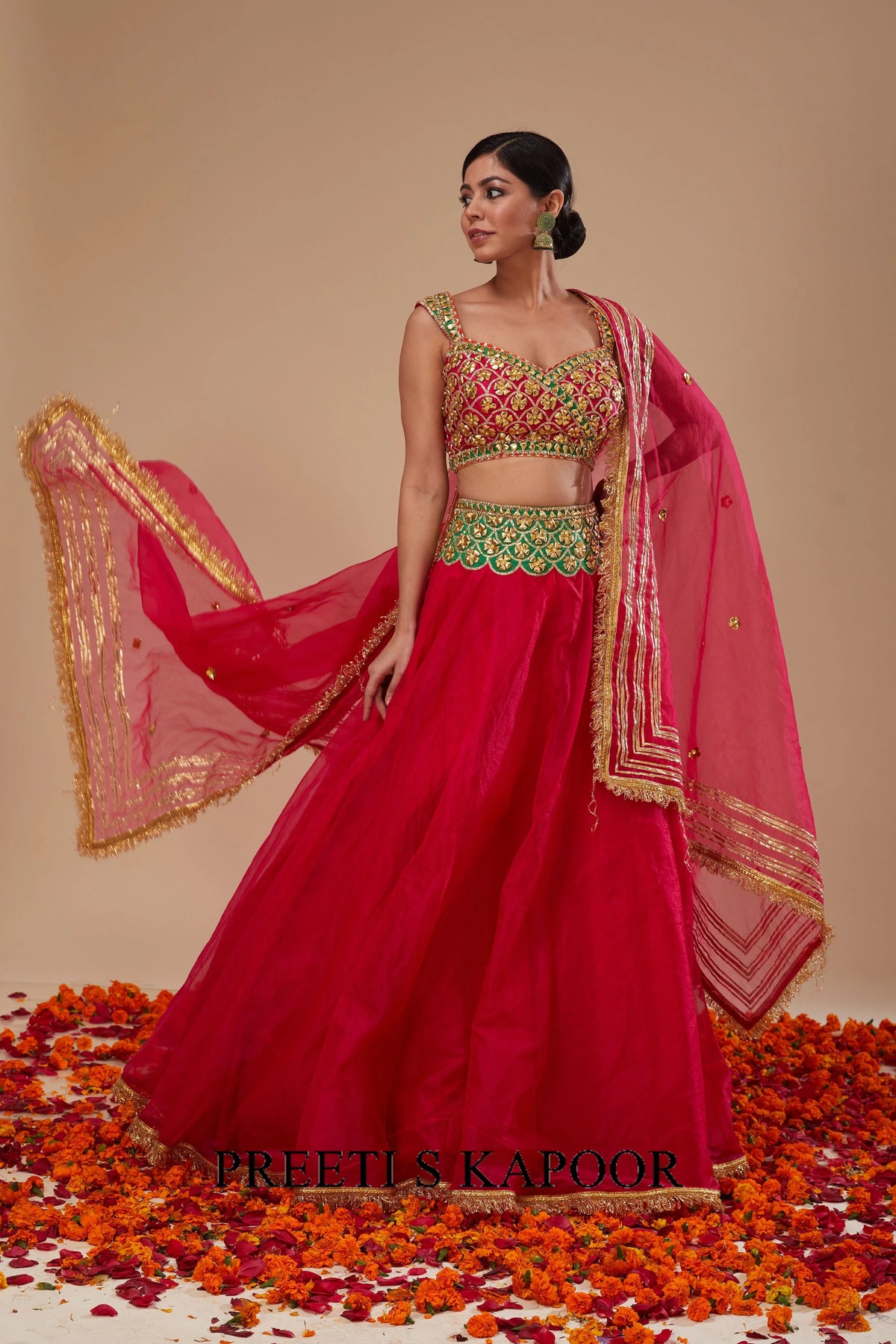 Fuchsia Blouse with Fuchsia Green Lehenga and Fuchsia Dupatta