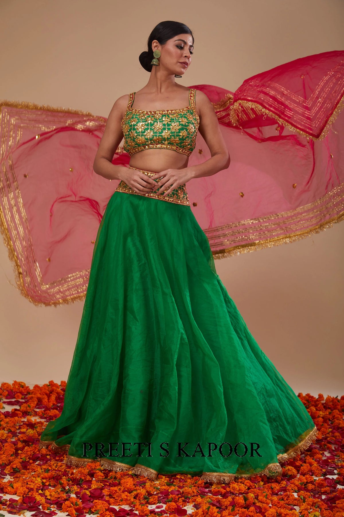 Green Blouse with Green Lehenga and Fuchsia Dupatta - Preeti S Kapoor