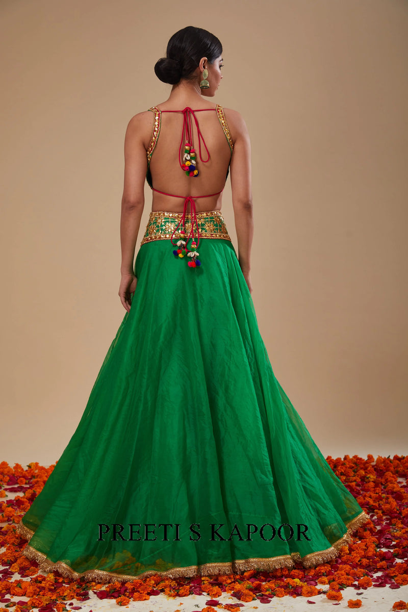 Green Blouse with Green Lehenga and Fuchsia Dupatta - Preeti S Kapoor