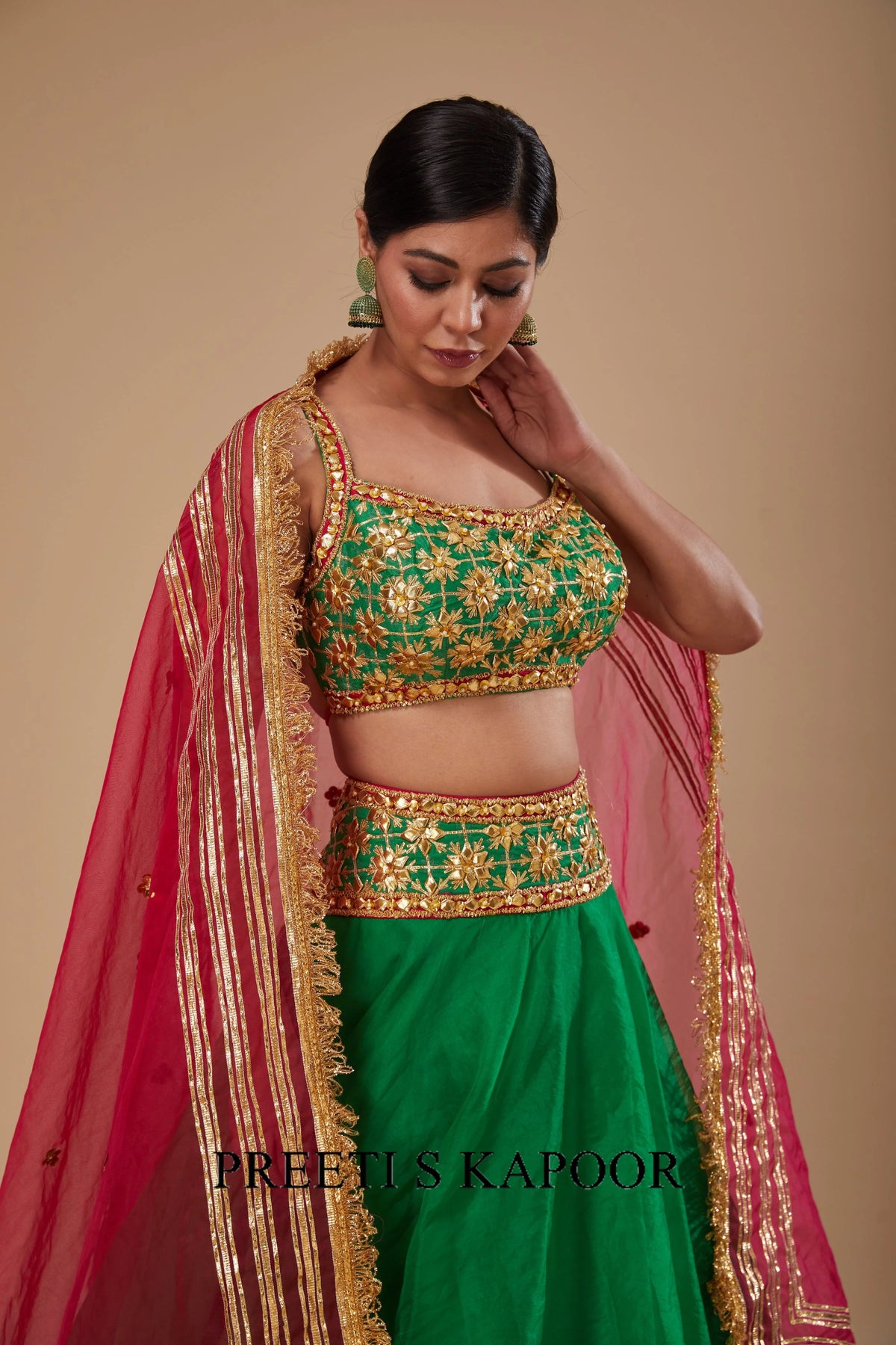 Green Blouse with Green Lehenga and Fuchsia Dupatta - Preeti S Kapoor