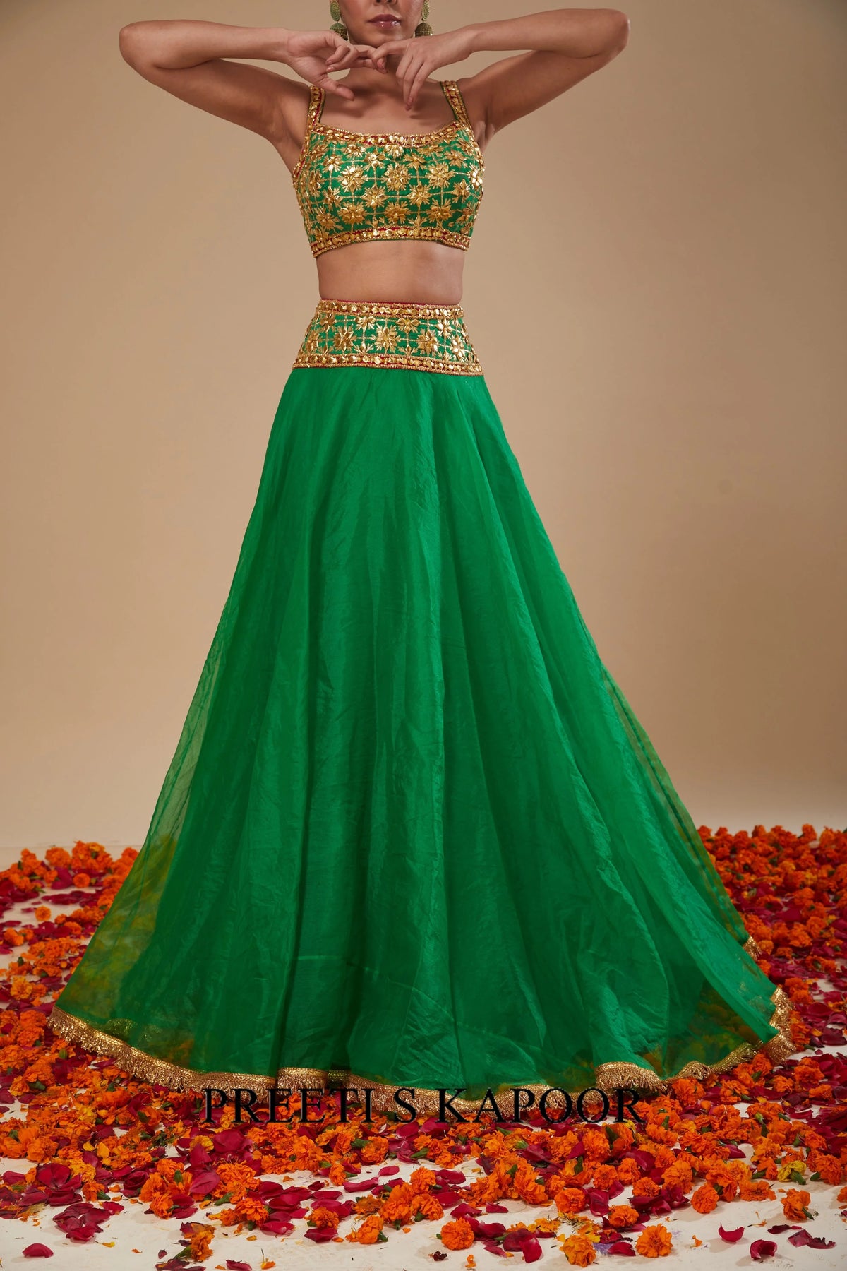 Green Blouse with Green Lehenga and Fuchsia Dupatta - Preeti S Kapoor