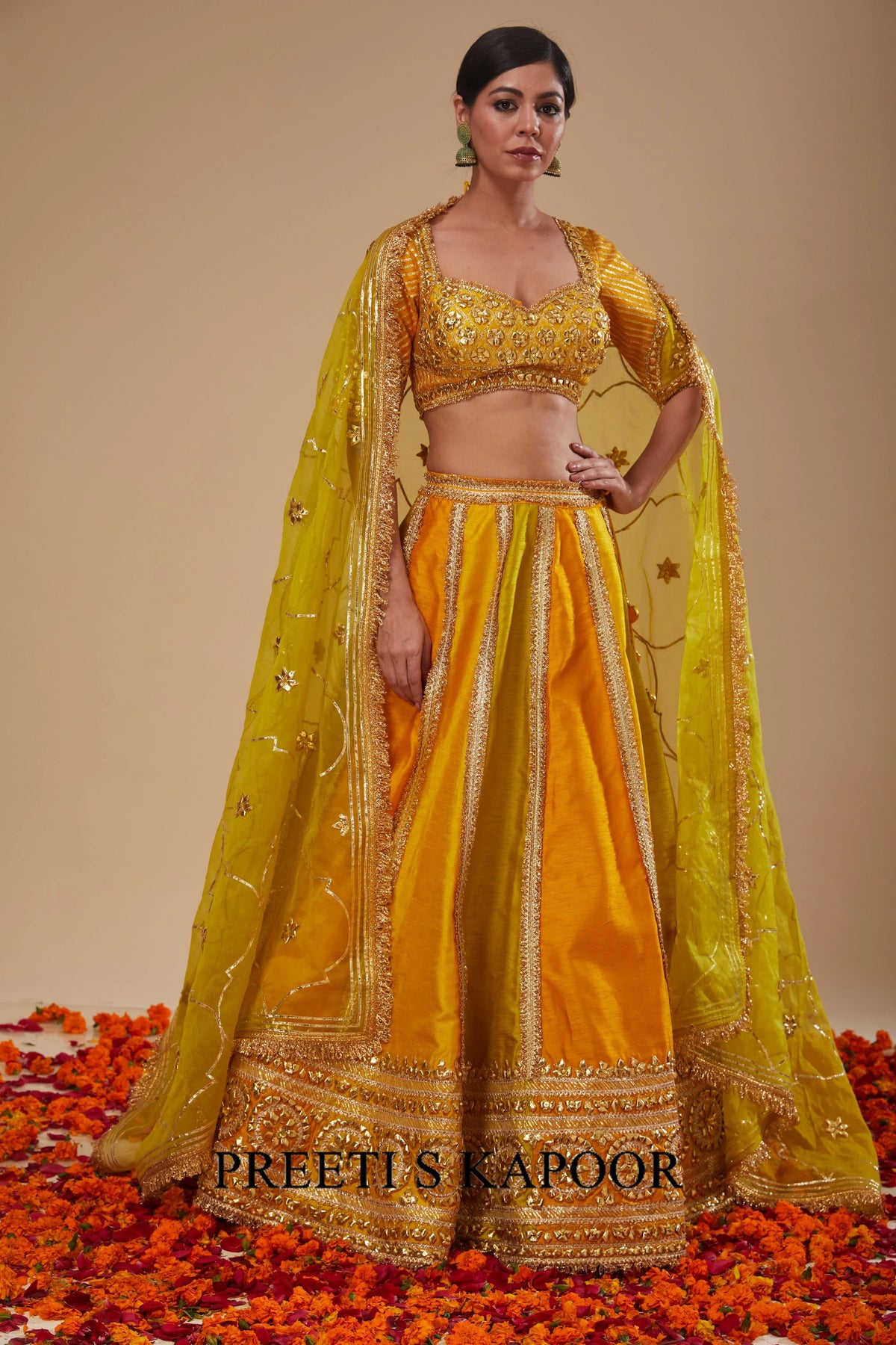 Yellow Mustard Blouse with Lehenga and Yellow Dupatta - Preeti S Kapoor