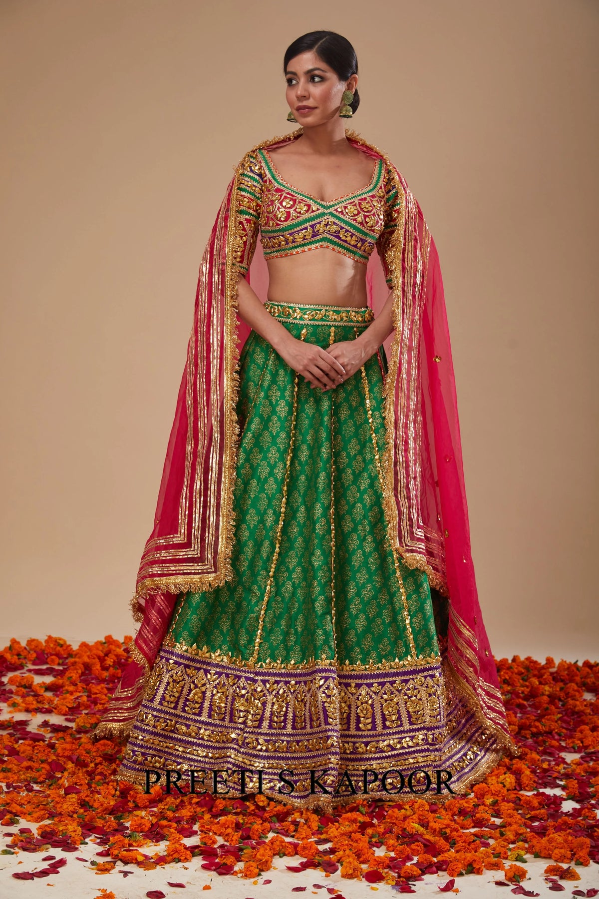 Multicolor Blouse with Green Purple Lehenga and Fuchsia Dupatta
