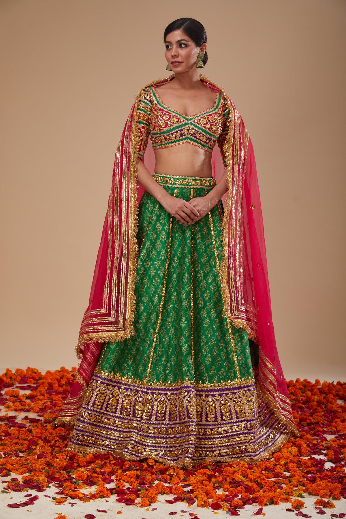 Multicolor Blouse with Green Purple Lehenga and Fuchsia Dupatta