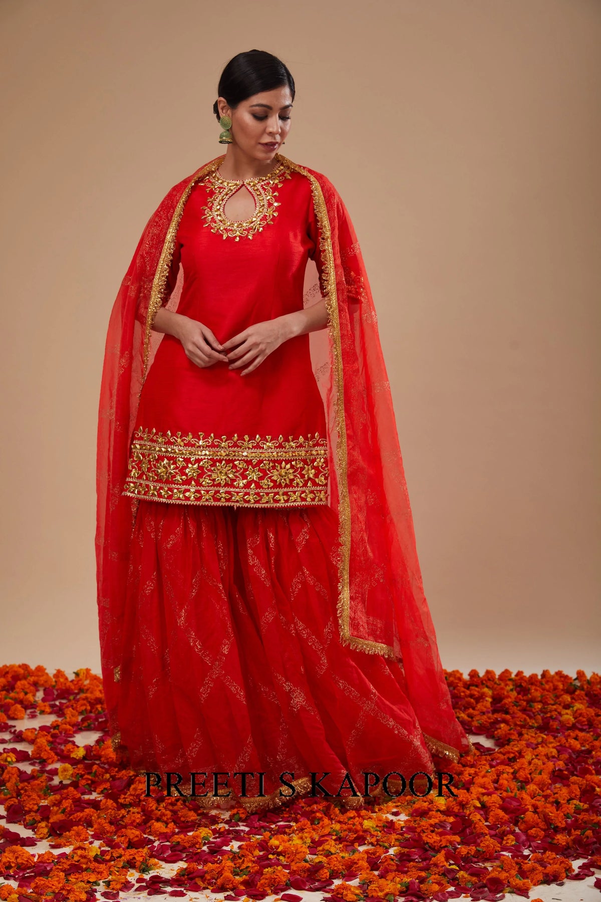 Red Kurta with Block Print Garara and Block Print Dupatta - Preeti S Kapoor