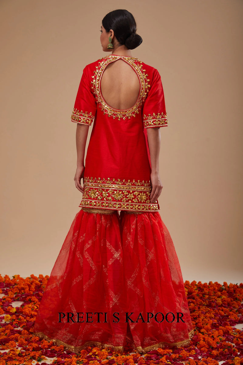 Red Kurta with Block Print Garara and Block Print Dupatta - Preeti S Kapoor