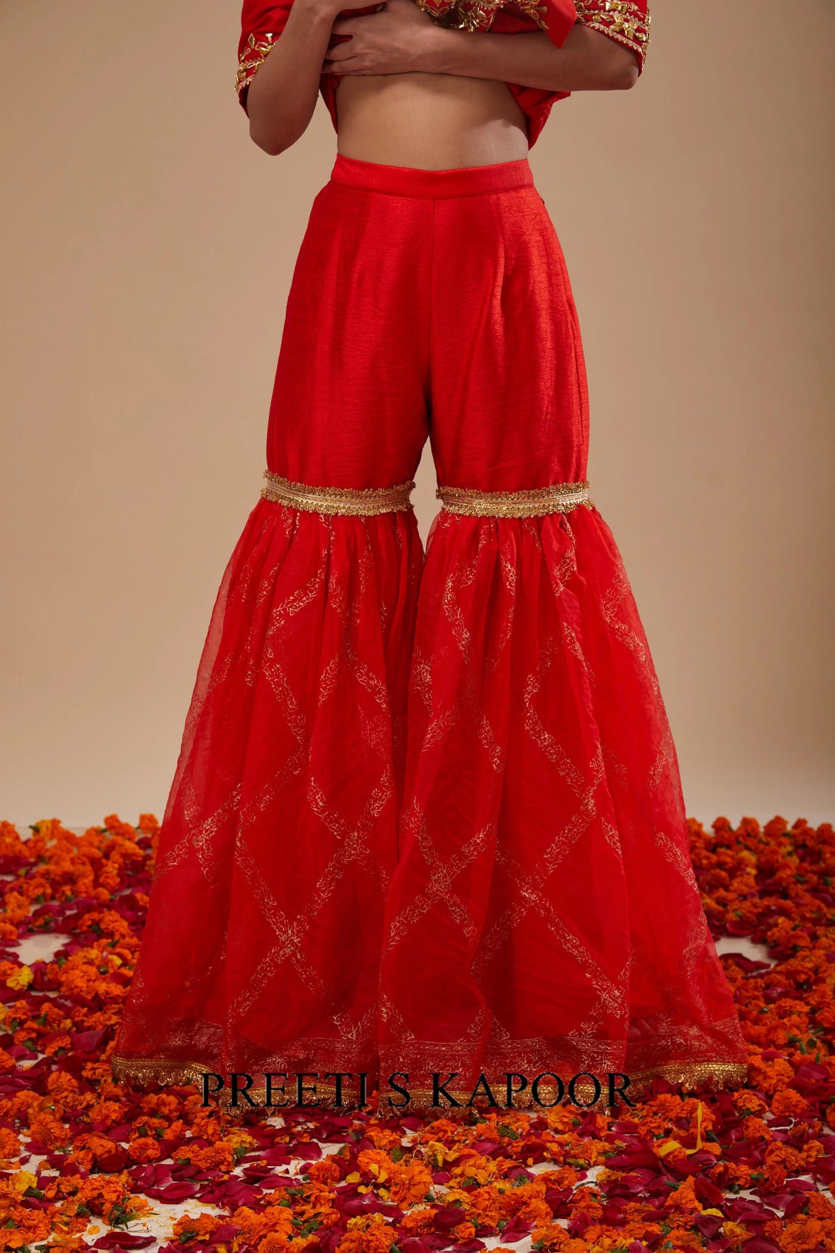 Red Kurta with Block Print Garara and Block Print Dupatta - Preeti S Kapoor