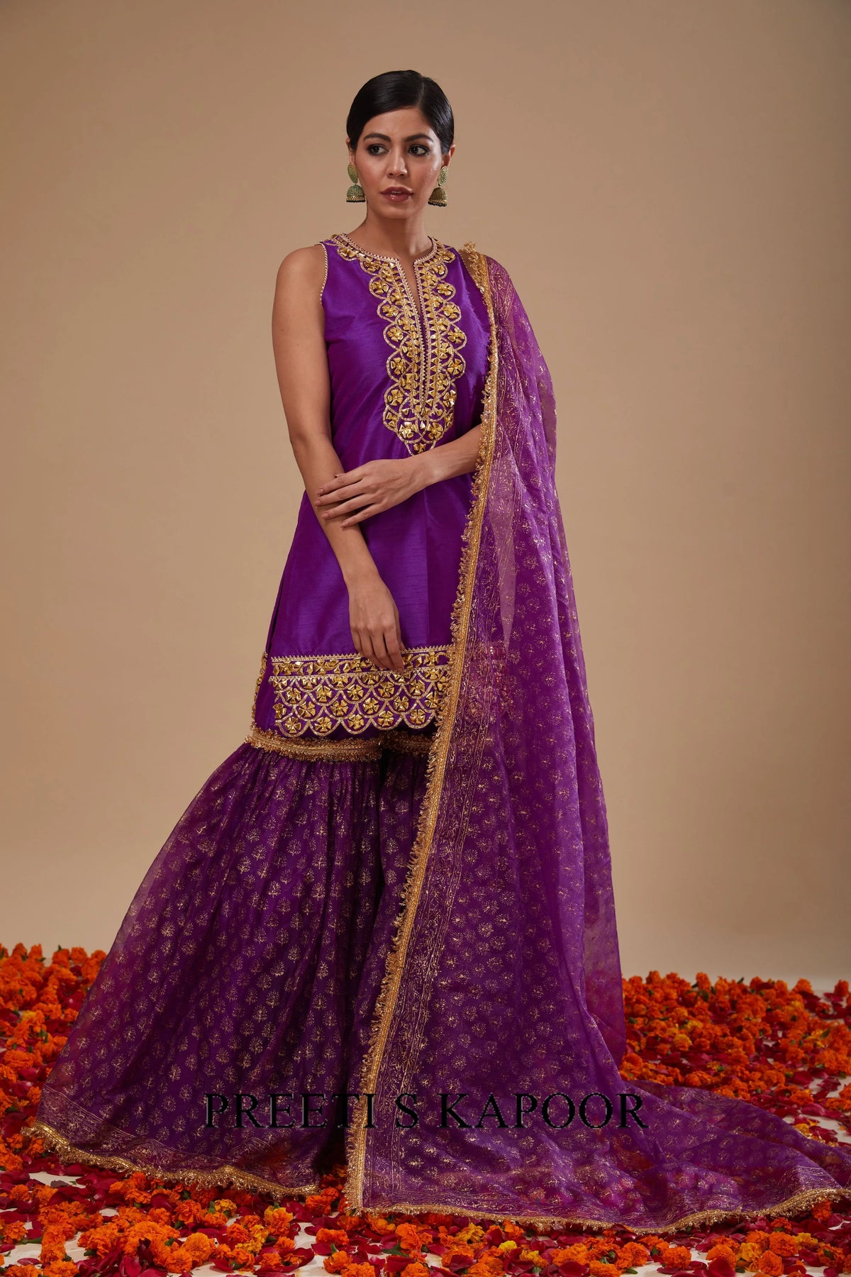 Purple Kurta with Block Print Garara and Block Print Dupatta - Preeti S Kapoor