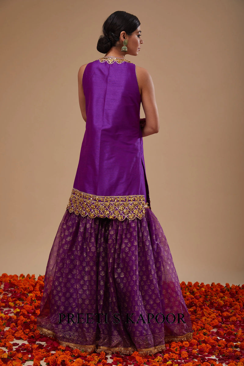 Purple Kurta with Block Print Garara and Block Print Dupatta - Preeti S Kapoor