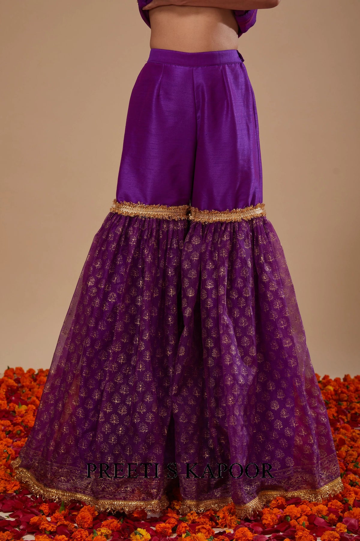 Purple Kurta with Block Print Garara and Block Print Dupatta - Preeti S Kapoor