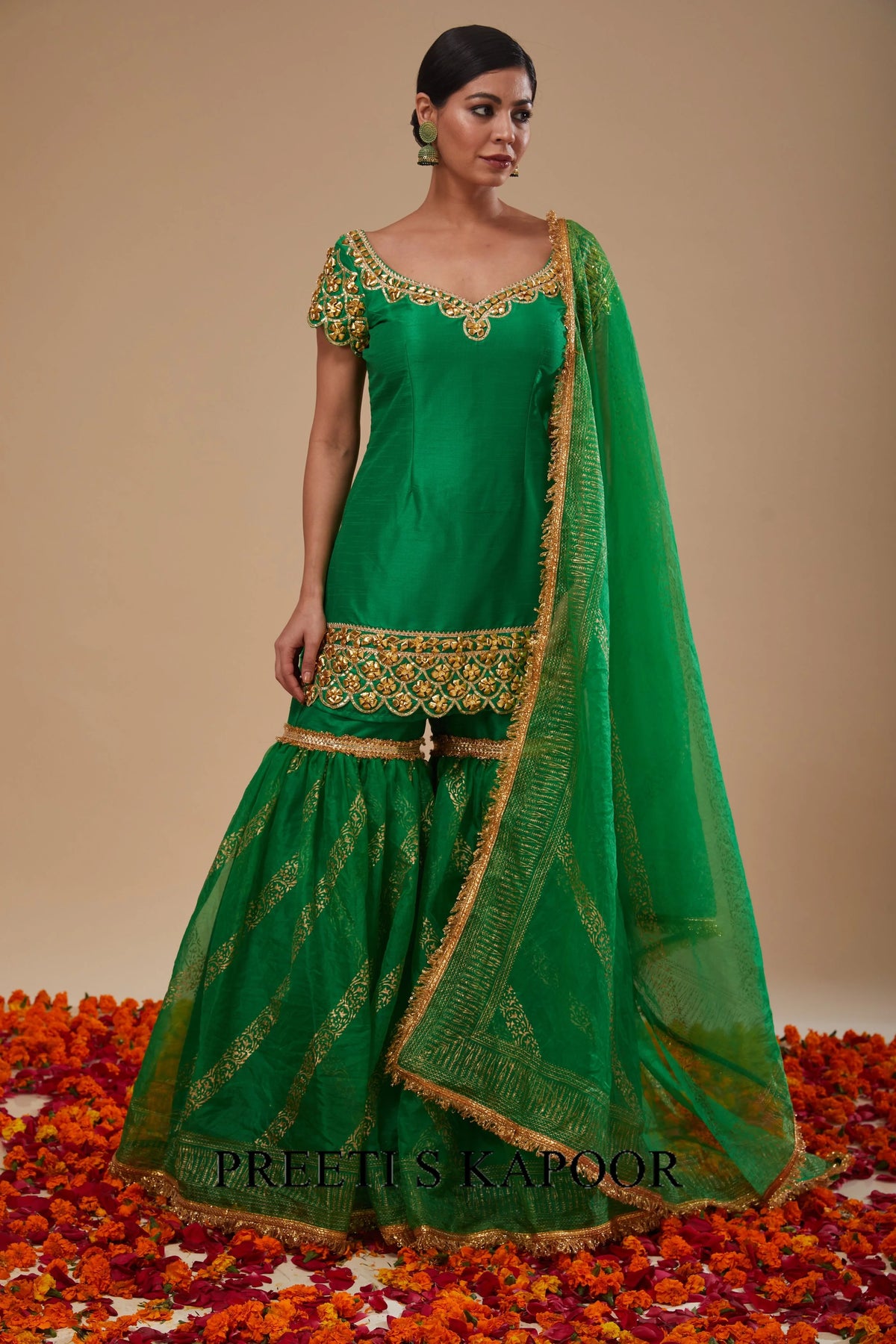 Green Kurta with Block Print Garara and Block Print Dupatta - Preeti S Kapoor