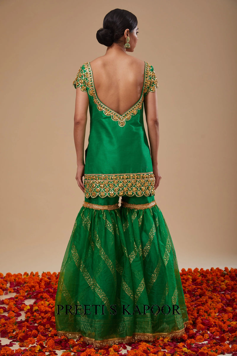 Green Kurta with Block Print Garara and Block Print Dupatta - Preeti S Kapoor