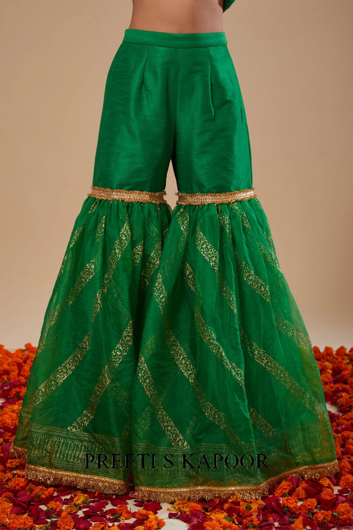 Green Kurta with Block Print Garara and Block Print Dupatta - Preeti S Kapoor
