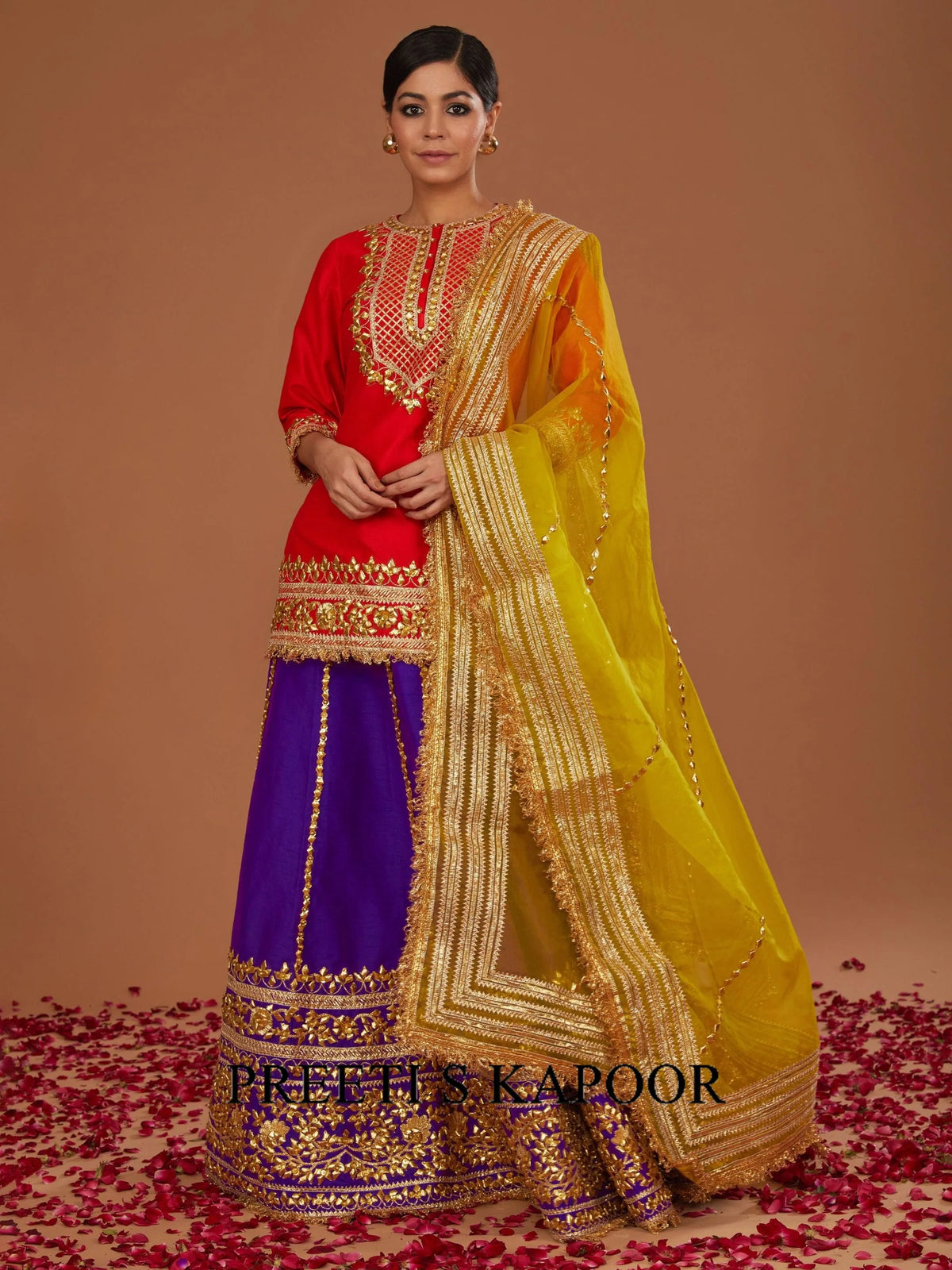 RED SHORT KURTA WITH PURPLE LEHENGA AND YELLOW DUPATTA - PREETI S KAPOOR