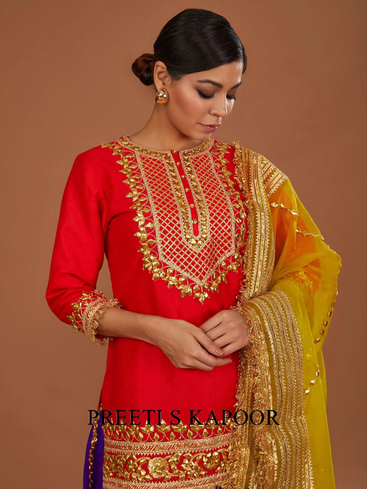 RED SHORT KURTA WITH PURPLE LEHENGA AND YELLOW DUPATTA - PREETI S KAPOOR
