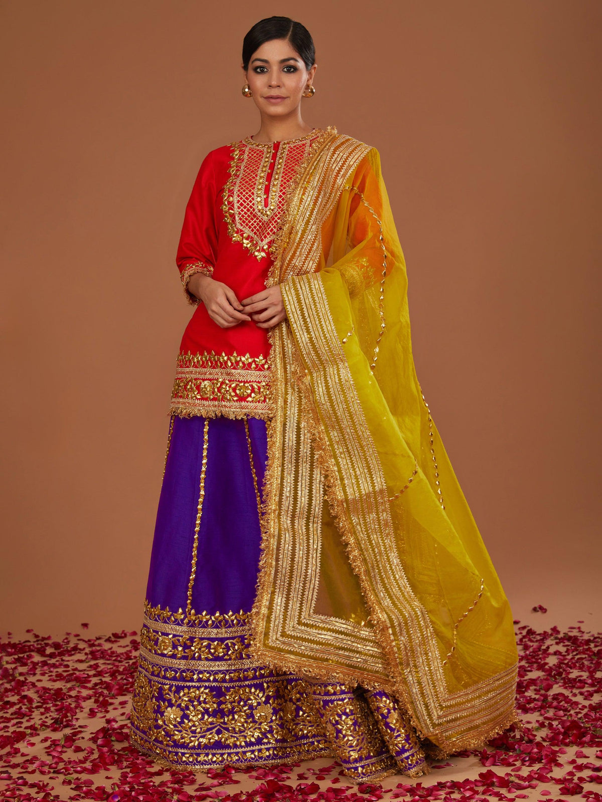 RED SHORT KURTA WITH PURPLE LEHENGA AND YELLOW DUPATTA - Preeti s kapoor