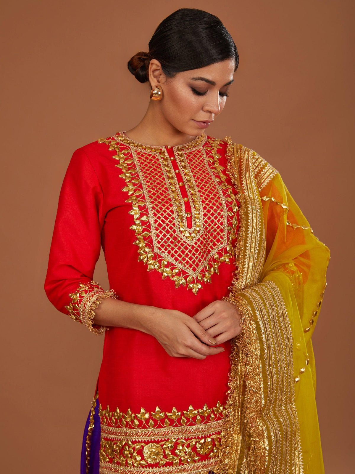 RED SHORT KURTA WITH PURPLE LEHENGA AND YELLOW DUPATTA - Preeti s kapoor