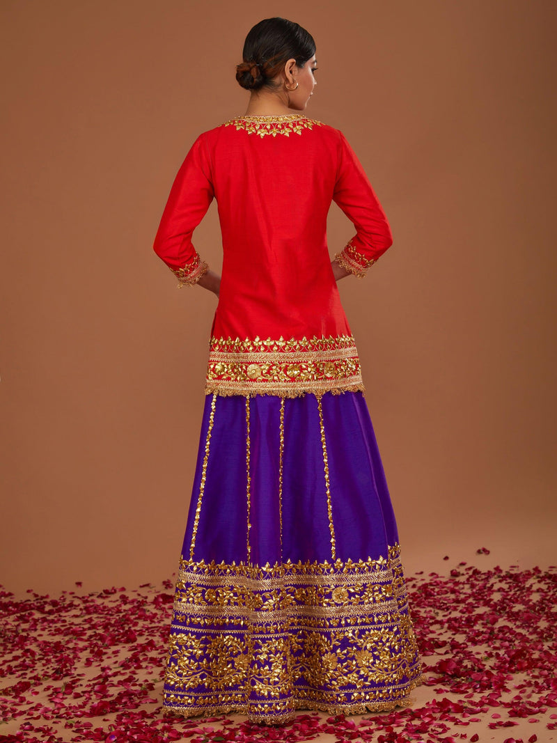 RED SHORT KURTA WITH PURPLE LEHENGA AND YELLOW DUPATTA - Preeti s kapoor