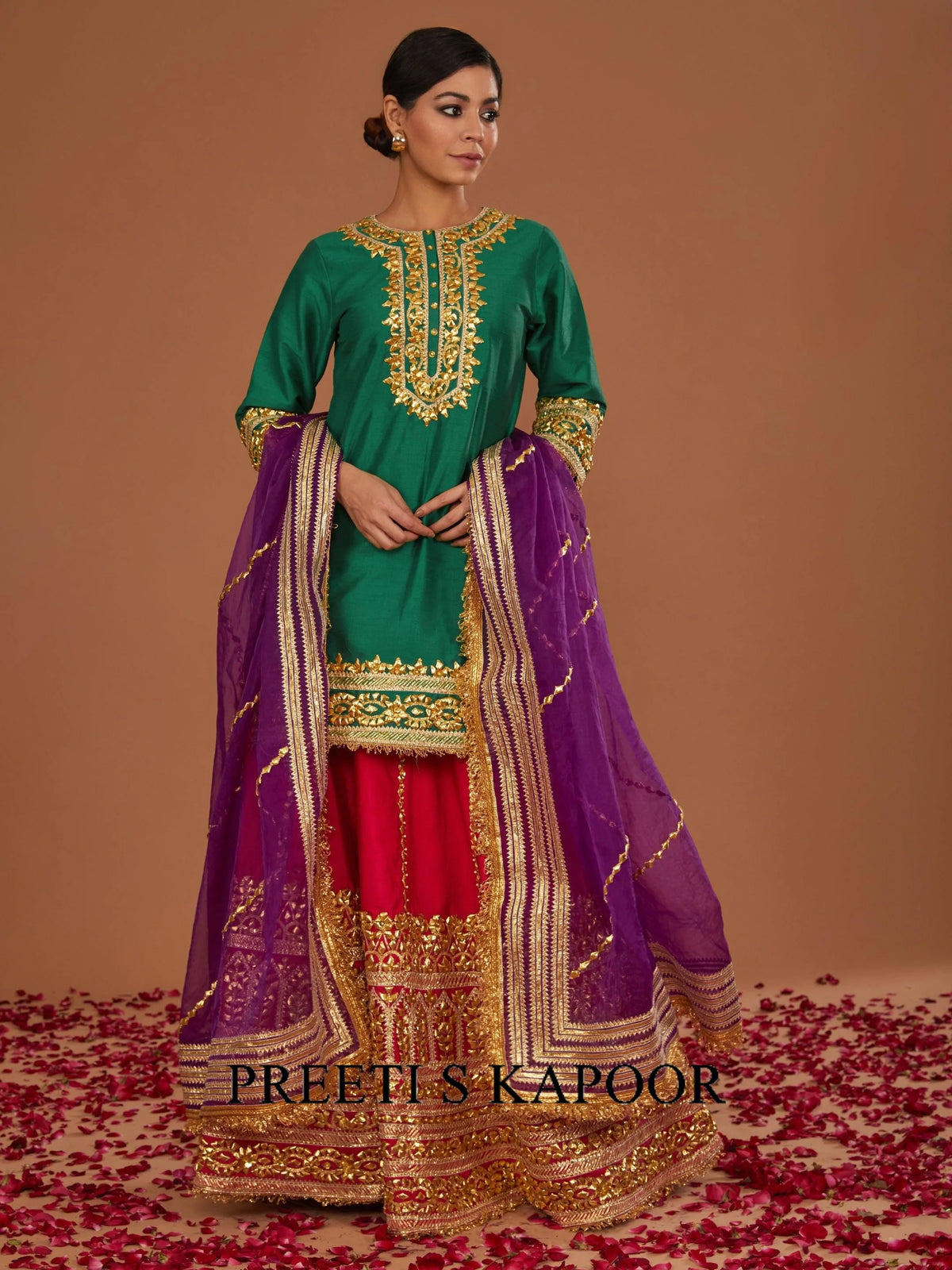 GREEN KURTA WITH FUCHSIA LEHENGA AND PURPLE DUPATTA - PREETI S KAPOOR