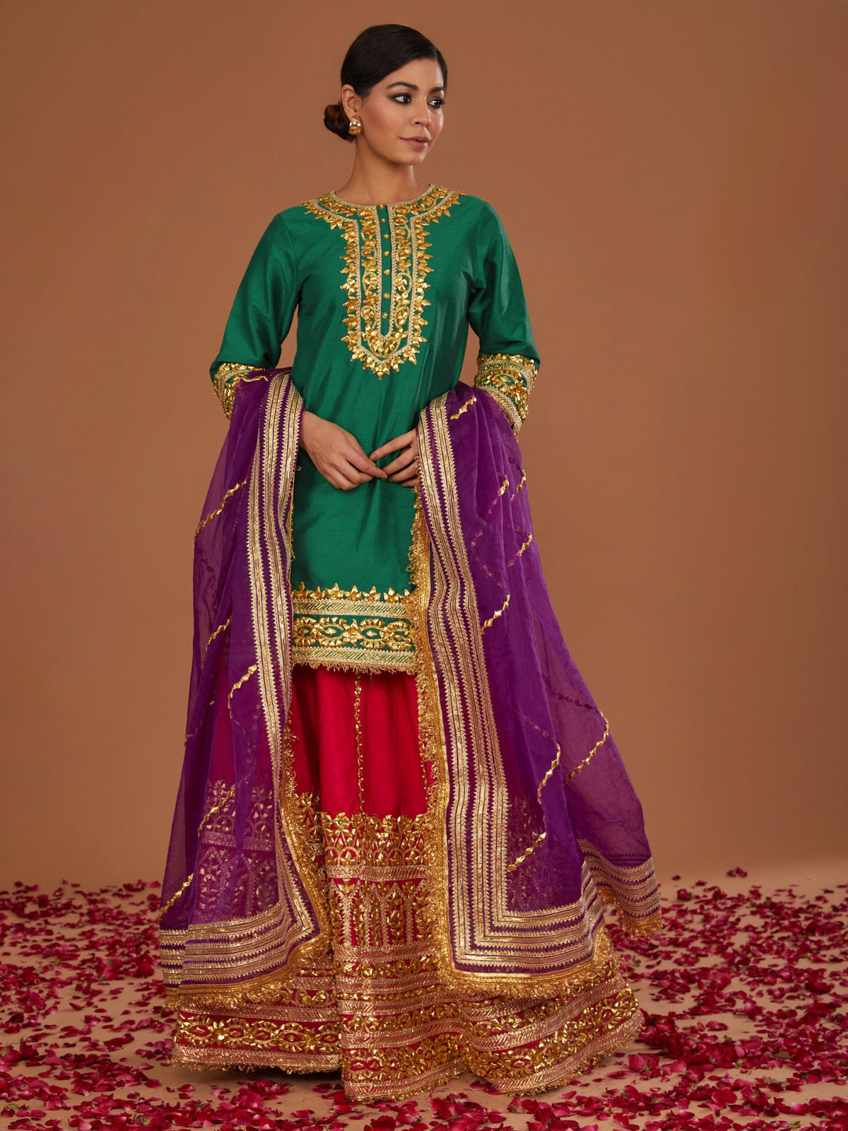 GREEN KURTA WITH FUSCHIA LEHENGA AND PURPLE DUPATTA - Preeti s kapoor