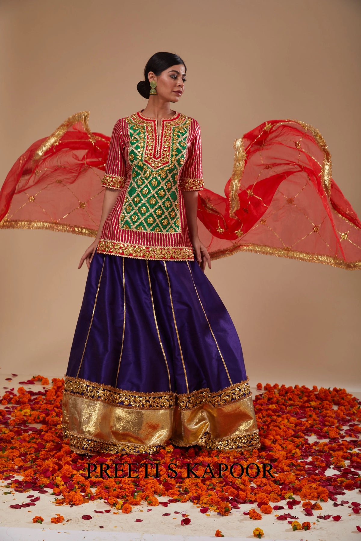Fuchsia Midnight Blue Short Kurta with Purple Lehenga and Red Dupatta - Preeti S Kapoor
