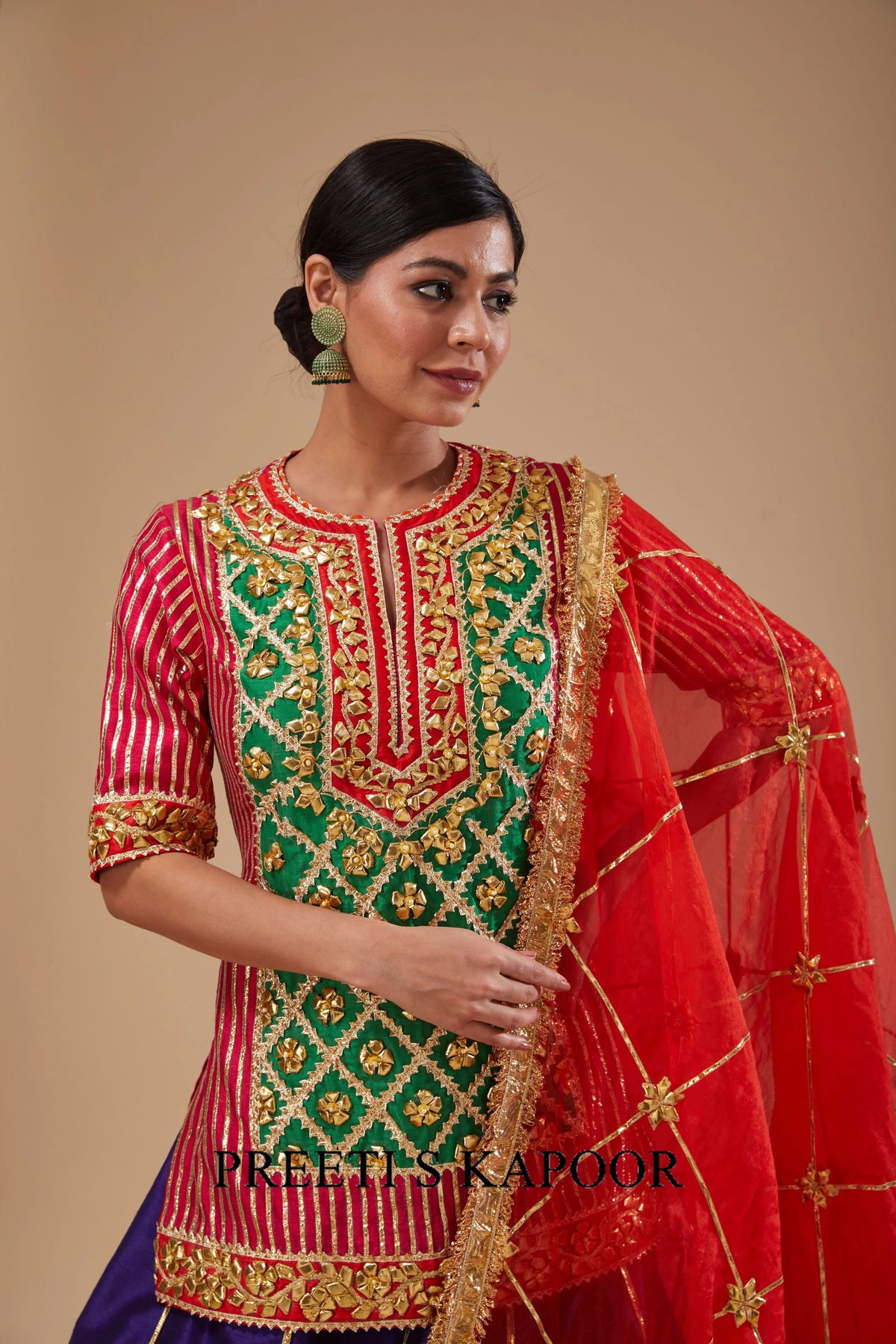 Fuchsia Midnight Blue Short Kurta with Purple Lehenga and Red Dupatta - Preeti S Kapoor