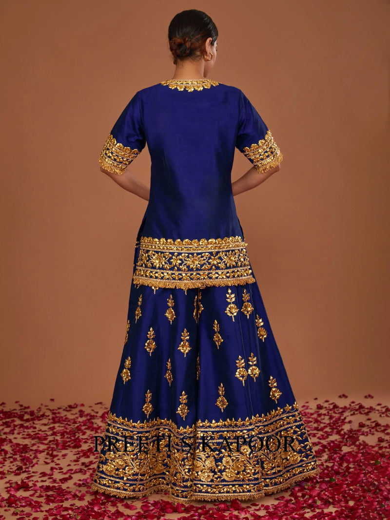 MIDNIGHT BLUE SHORT KURTA WITH SHARARA AND FUCHSIA DUPATTA - PREETI S KAPOOR