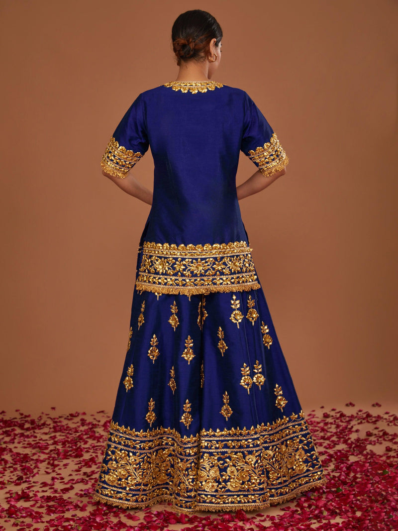 MIDNIGHT BLUE SHORT KURTA WITH SHARARA AND FUSCHIA DUPATTA - Preeti s kapoor