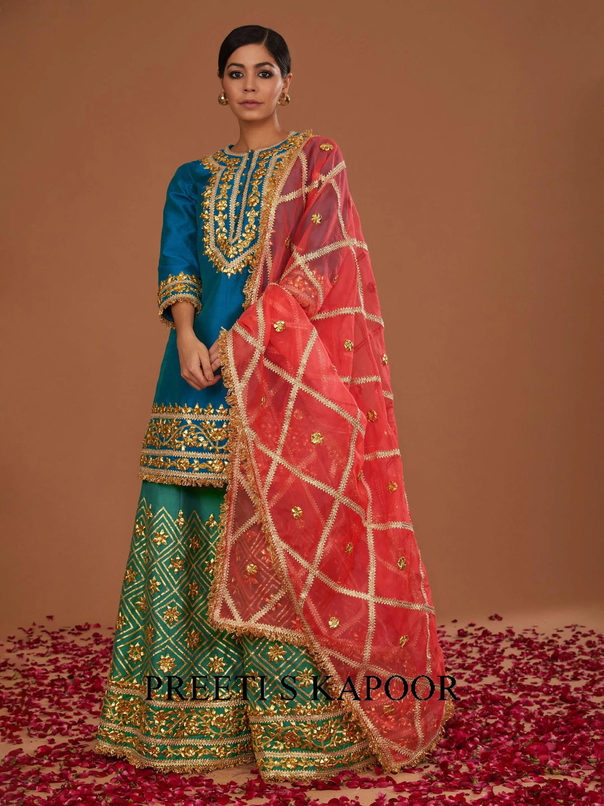 TURQ KURTA WITH GREEN SHARARA AND NEON PINK DUPATTA - PREETI S KAPOOR