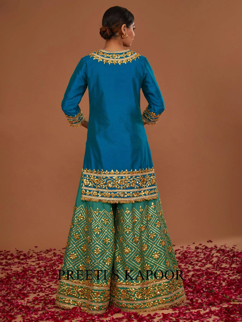TURQ KURTA WITH GREEN SHARARA AND NEON PINK DUPATTA - PREETI S KAPOOR