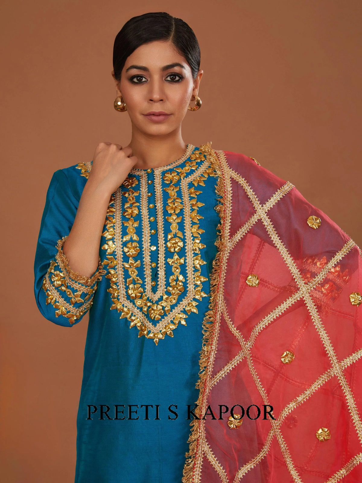 TURQ KURTA WITH GREEN SHARARA AND NEON PINK DUPATTA - PREETI S KAPOOR
