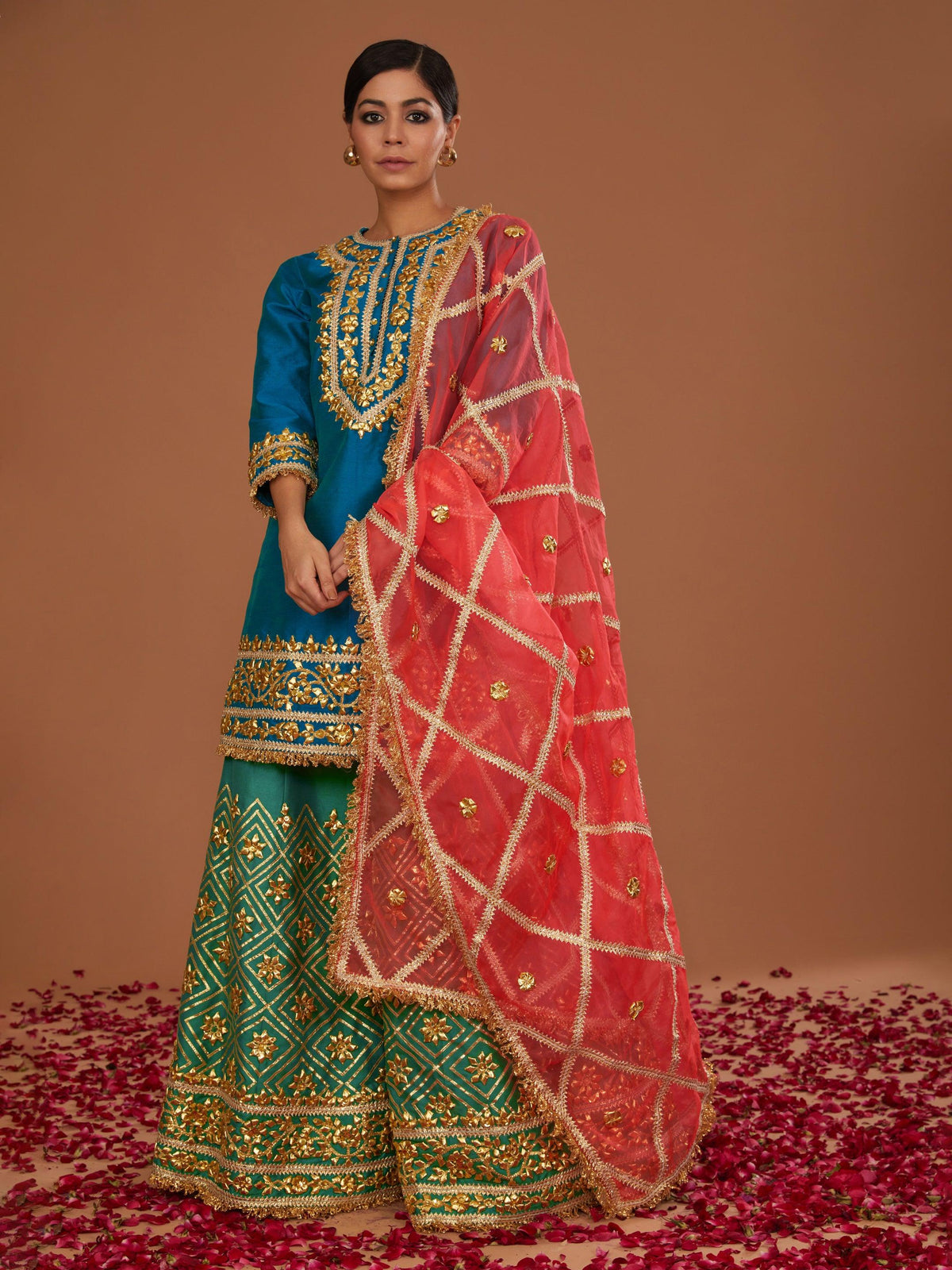 TURQ KURTA WITH GREEN SHARARA AND NEON PINK DUPATTA - Preeti s kapoor