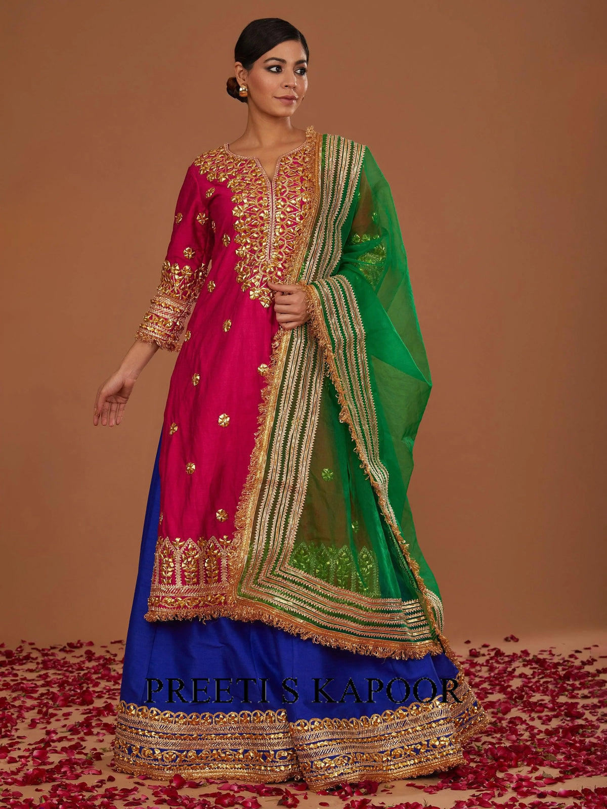FUCHSIA A LINE KURTA WITH BLUE SHARARA AND GREEN DUPATTA - PREETI S KAPOOR