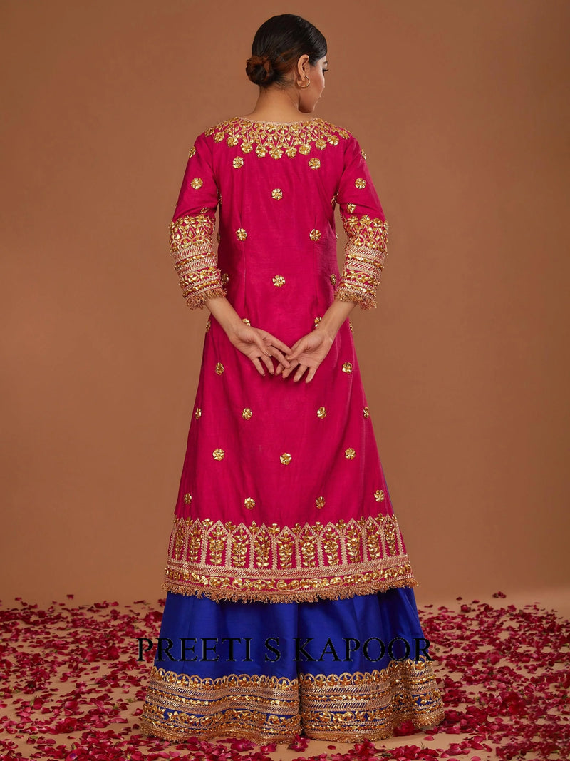 FUCHSIA A LINE KURTA WITH BLUE SHARARA AND GREEN DUPATTA - PREETI S KAPOOR
