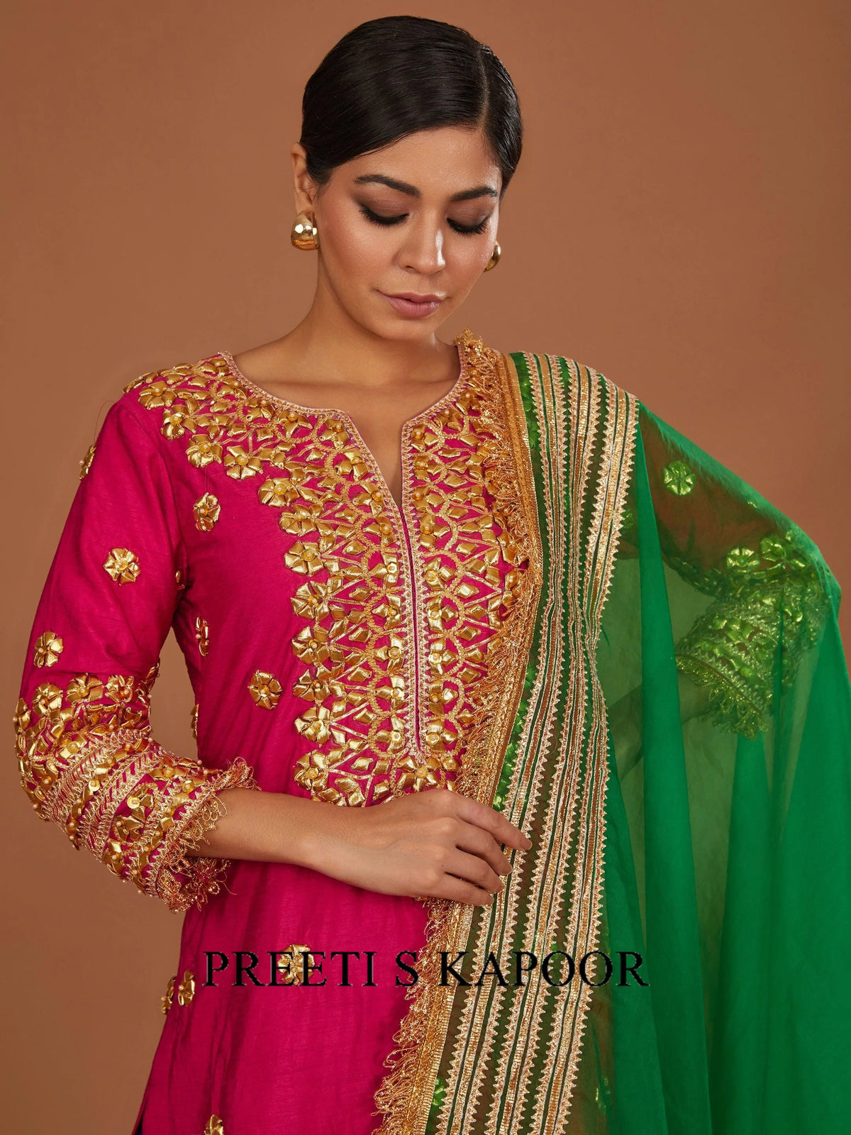 FUCHSIA A LINE KURTA WITH BLUE SHARARA AND GREEN DUPATTA - PREETI S KAPOOR