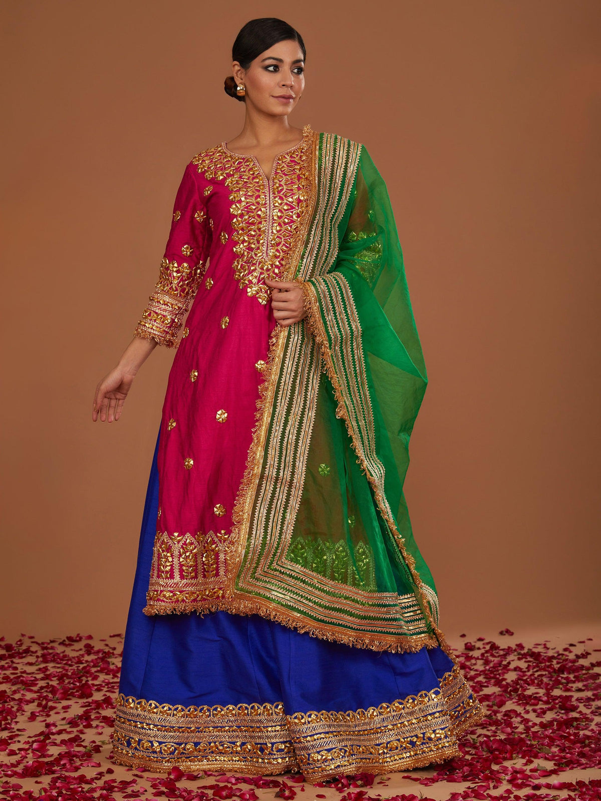 FUSHIA A LINE KURTA WITH BLUE SHARARA AND GREEN DUPATTA - Preeti s kapoor