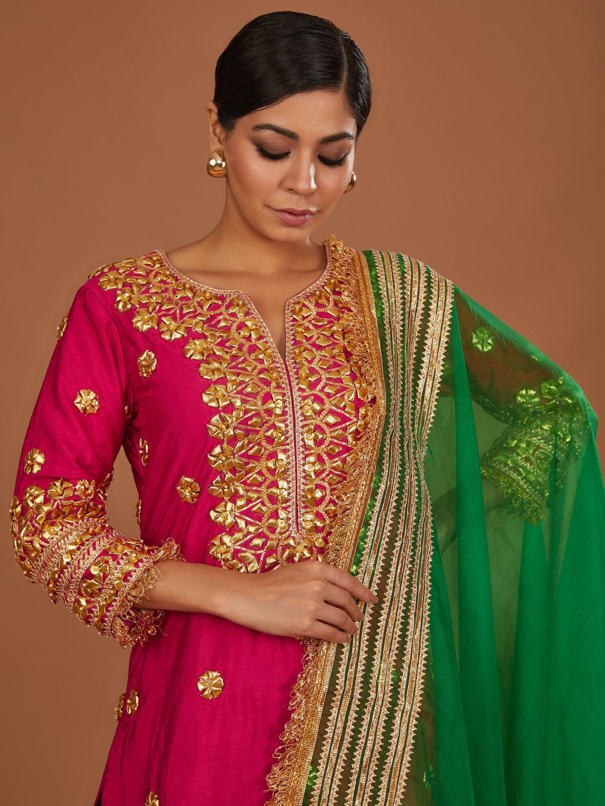 FUSHIA A LINE KURTA WITH BLUE SHARARA AND GREEN DUPATTA - Preeti s kapoor