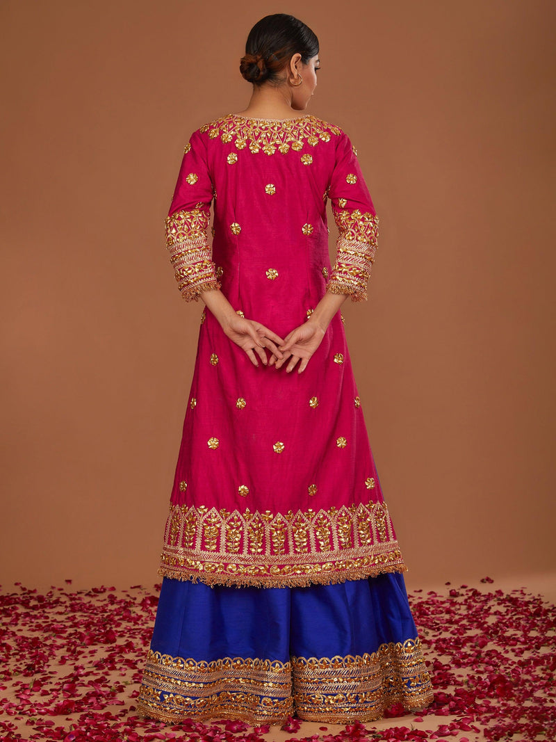 FUSHIA A LINE KURTA WITH BLUE SHARARA AND GREEN DUPATTA - Preeti s kapoor