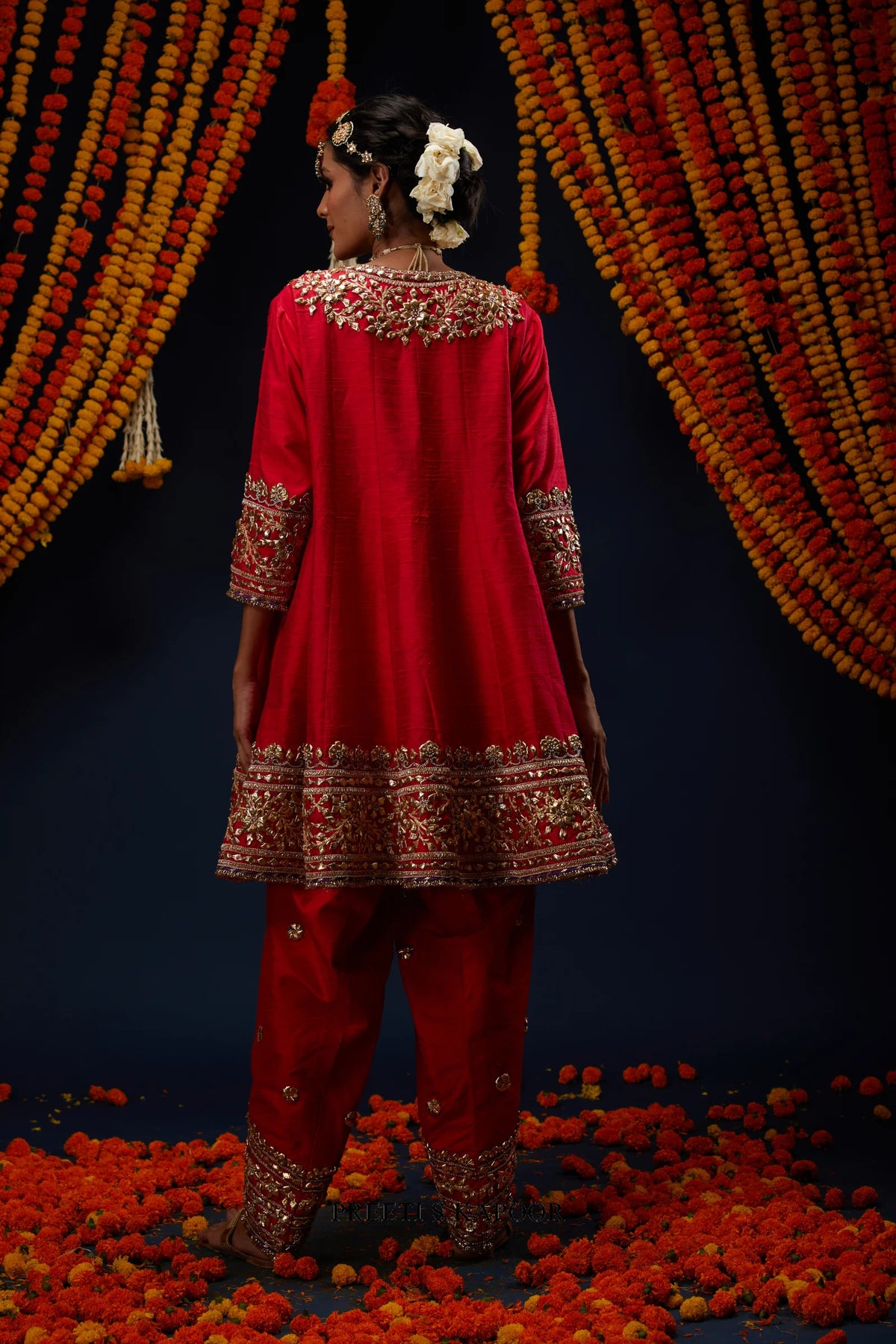 Red raw silk kurta salwar back view with gold embroidery – Preeti S Kapoor