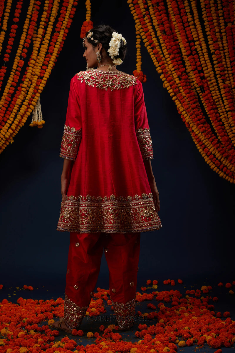 Red raw silk kurta salwar back view with gold embroidery – Preeti S Kapoor