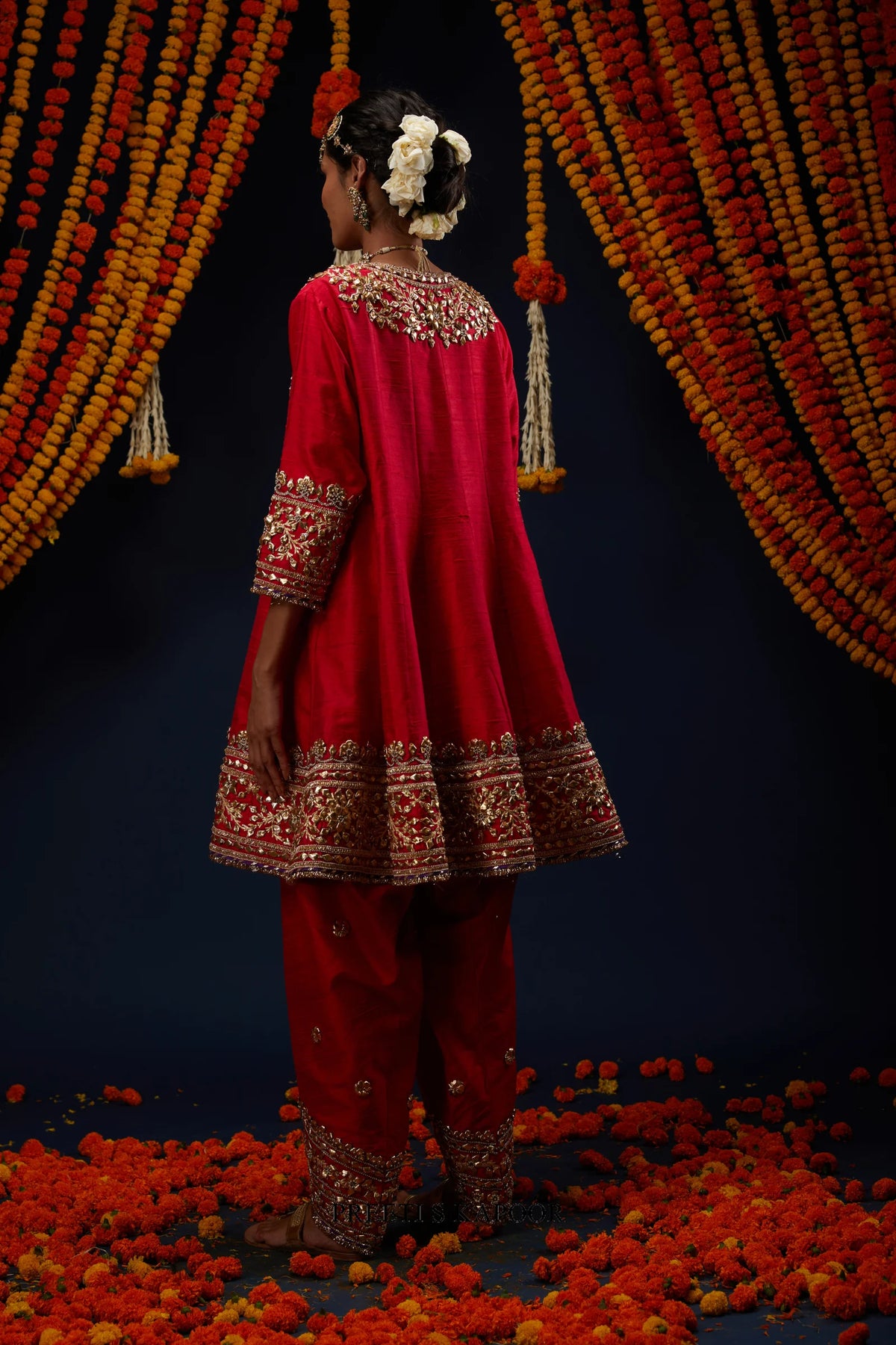 Red raw silk kurta salwar back view with embroidered yoke – Preeti S Kapoor
