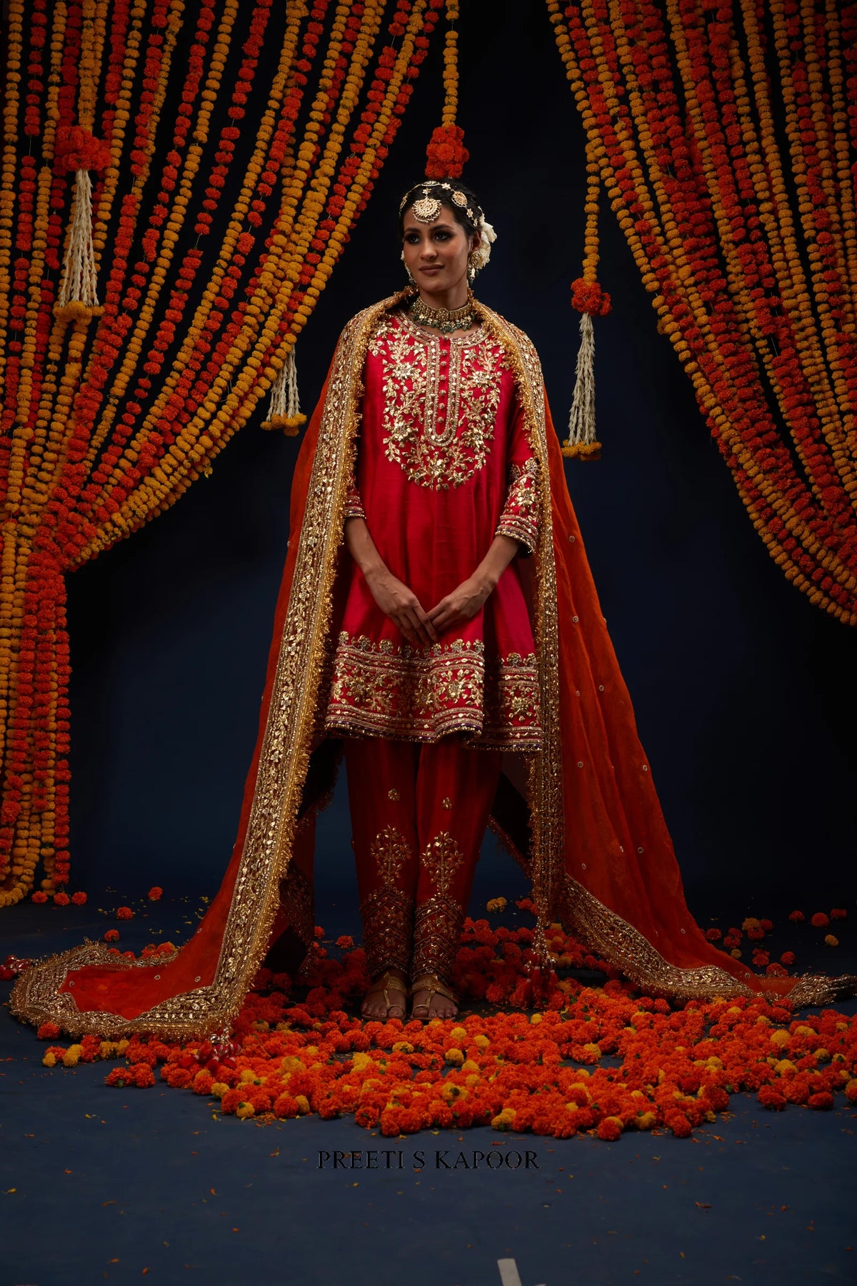 Red raw silk bridal kurta salwar with dupatta drape – Preeti S Kapoor