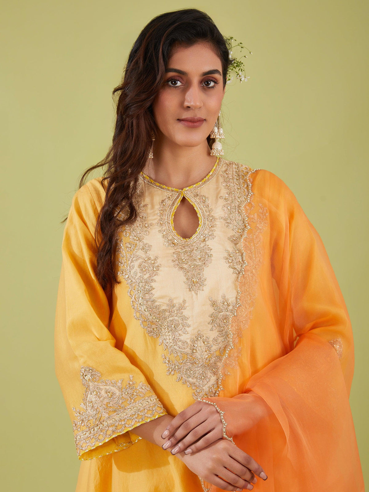 YELLOW SHORT KALIDAR KURTA WITH SALWAR AND PEACH DUPATTA - Preeti s kapoor