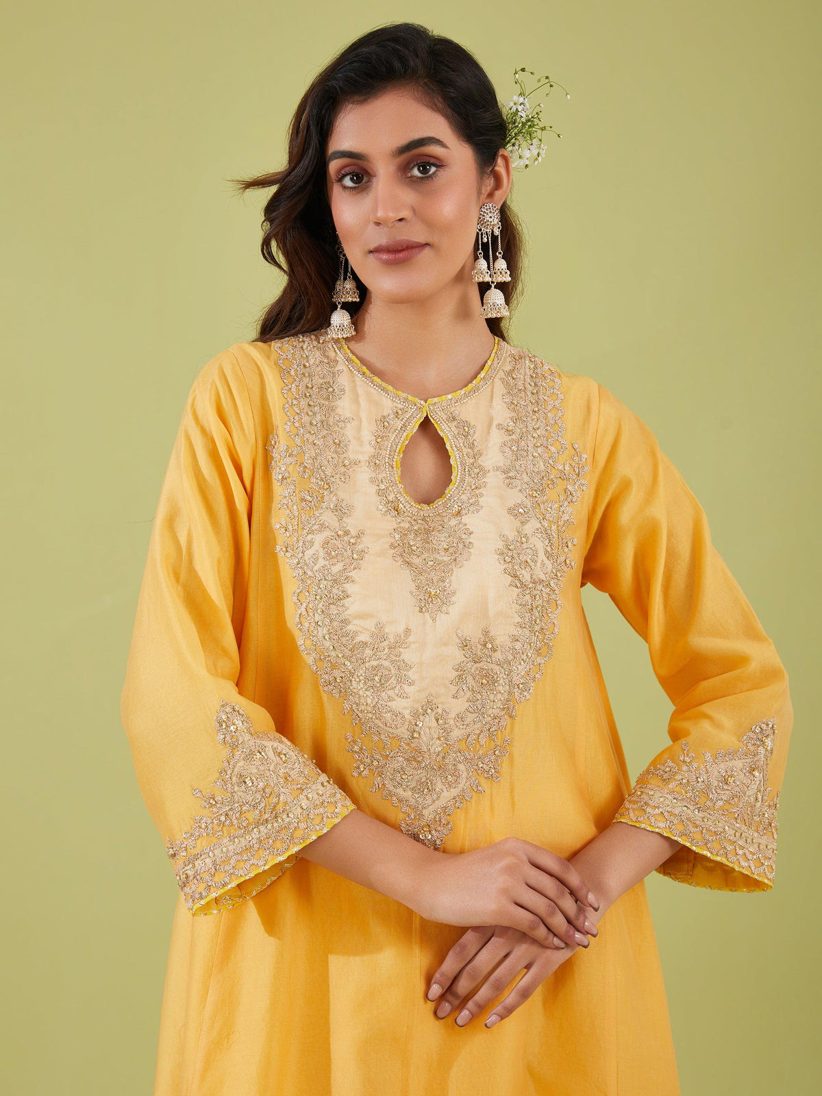 YELLOW SHORT KALIDAR KURTA WITH SALWAR AND PEACH DUPATTA - Preeti s kapoor