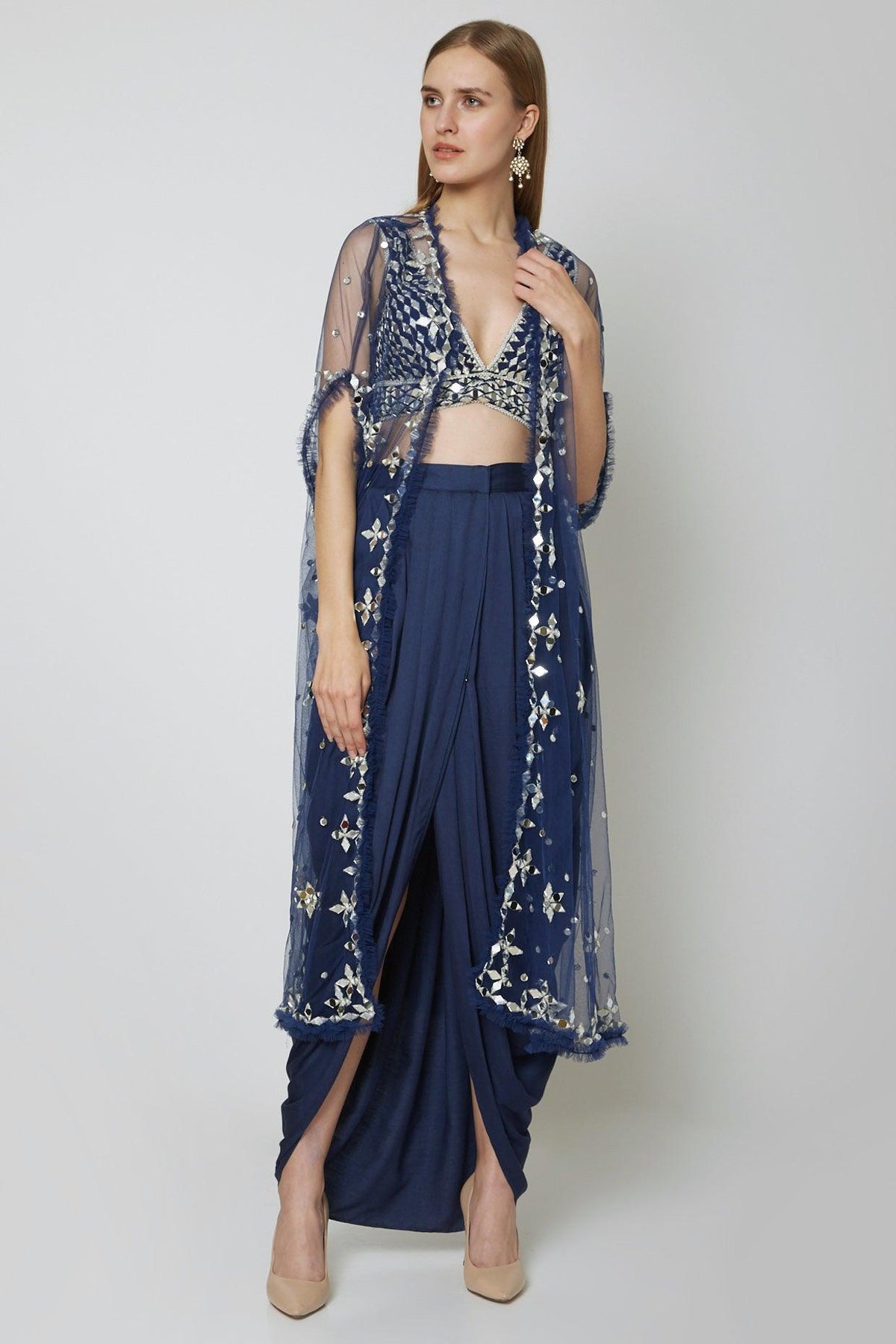 Cobalt Blue Embroidered Blouse With Dhoti & Cape - Preeti s kapoor