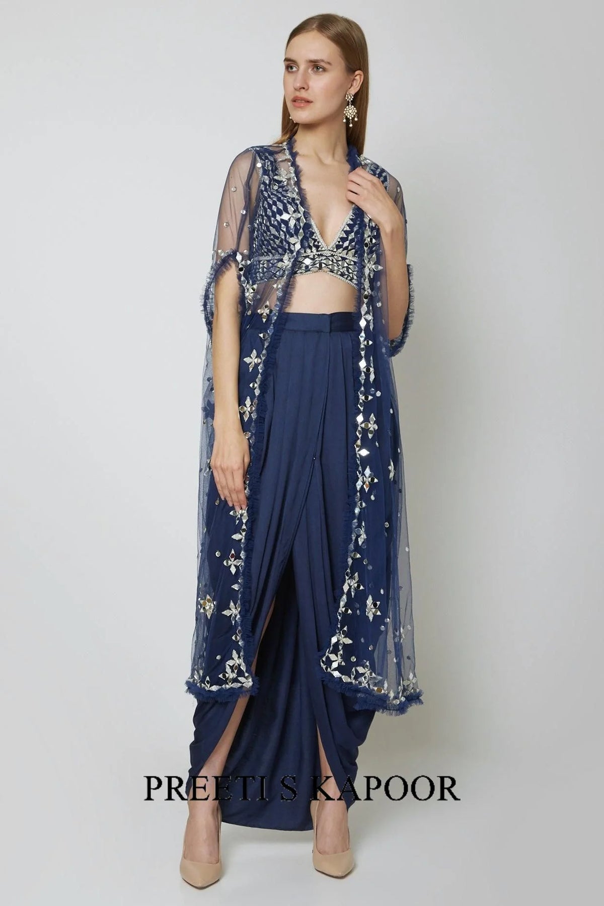 Cobalt Blue Embroidered Blouse With Dhoti & Cape - Preeti S Kapoor